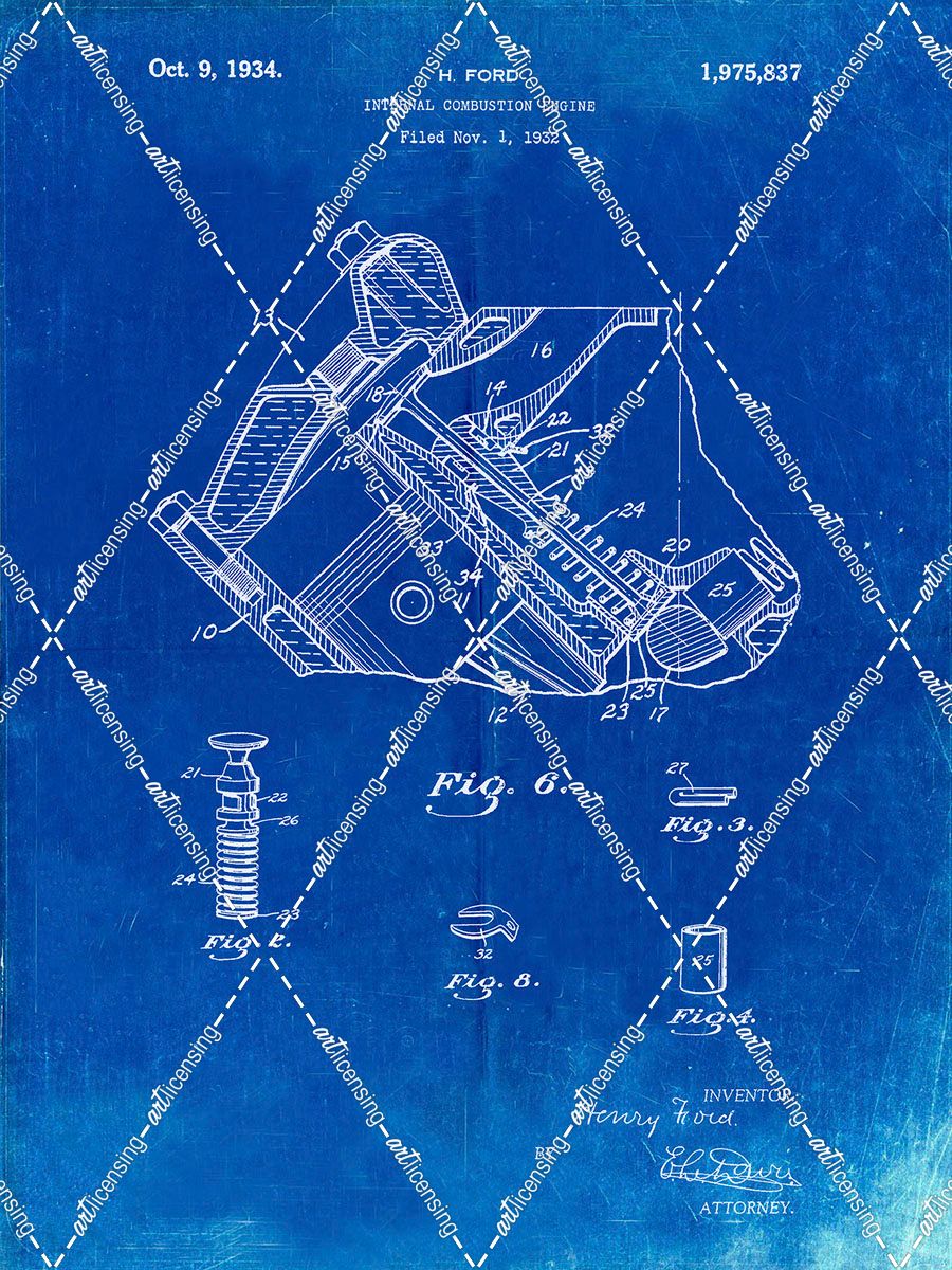 PP172- Faded Blueprint Ford V-8 Combustion Engine 1934 Patent Poster