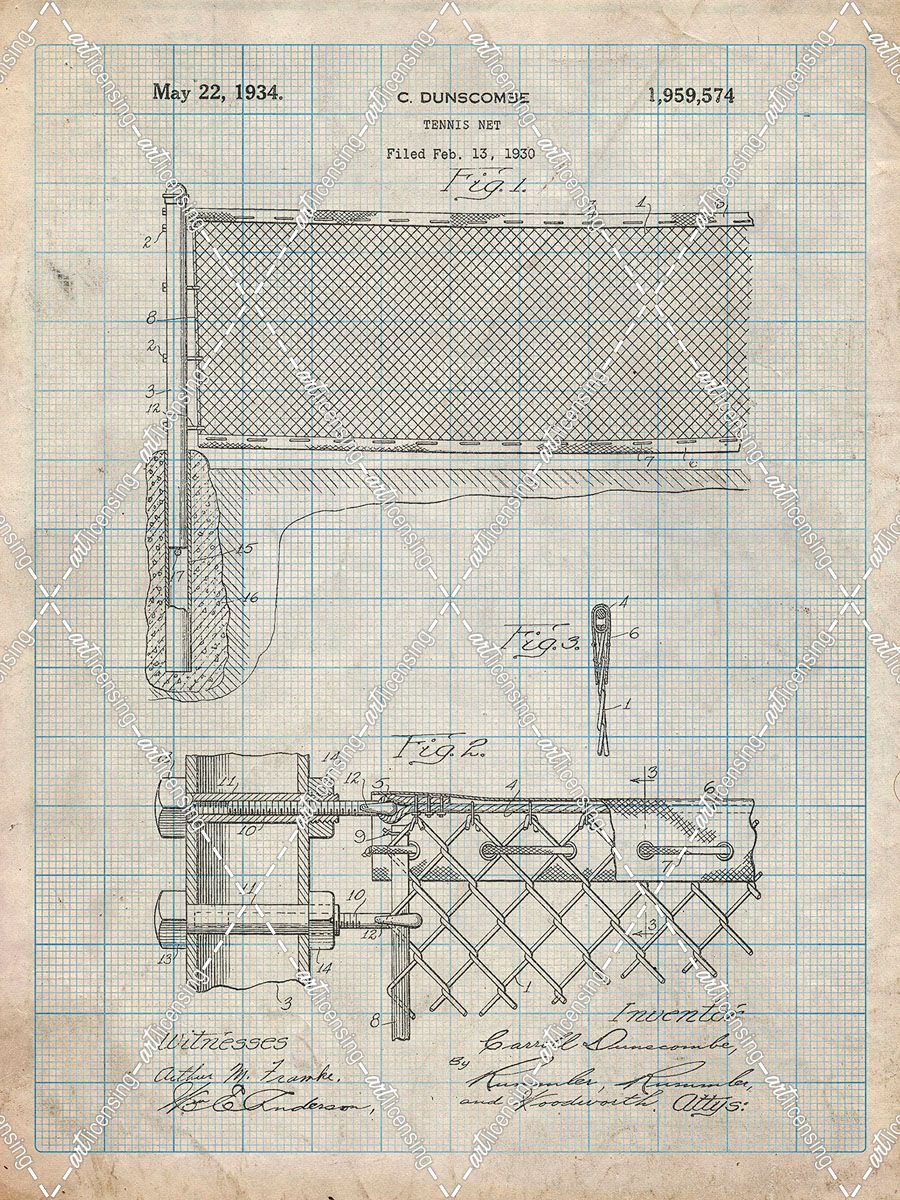 PP181- Antique Grid Parchment Tennis Net Patent Poster