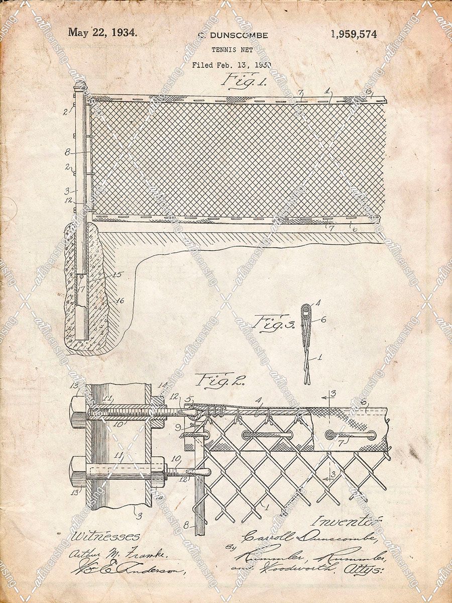 PP181- Vintage Parchment Tennis Net Patent Poster