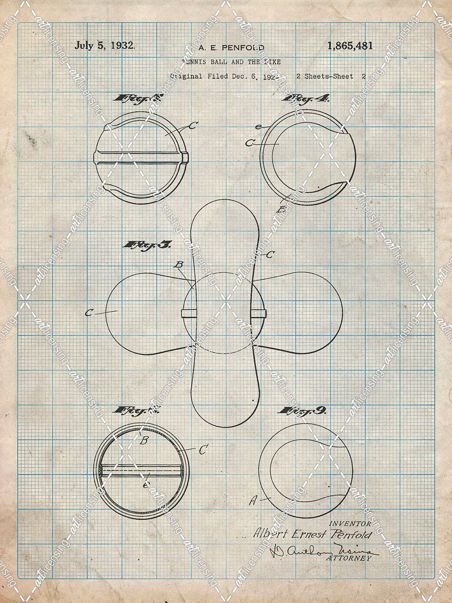 PP182- Antique Grid Parchment Tennis Ball 1932 Patent Poster