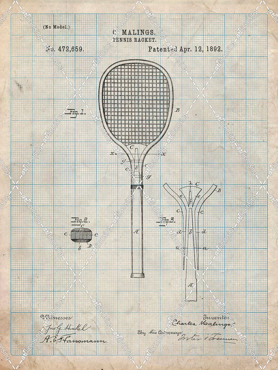 PP183- Antique Grid Parchment Tennis Racket 1892 Patent Poster