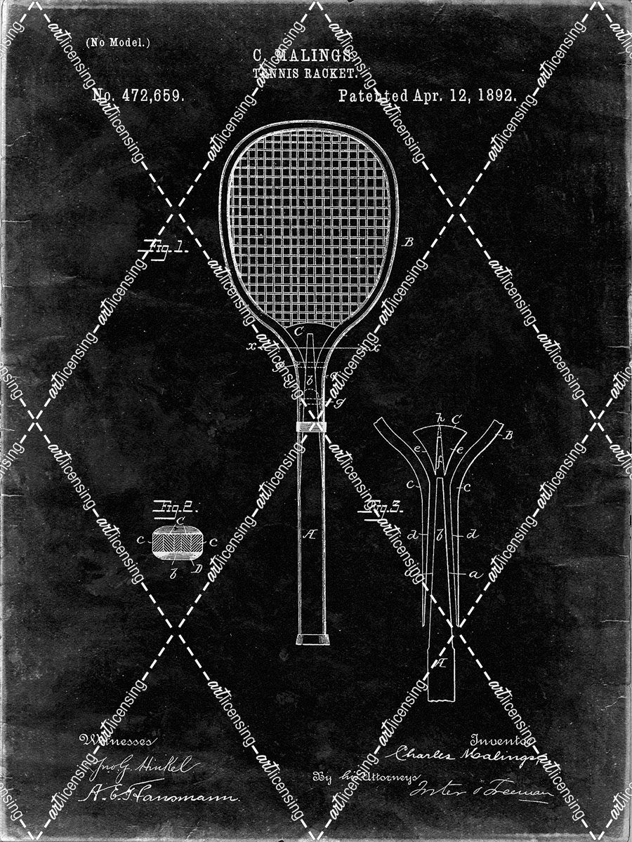 PP183- Black Grunge Tennis Racket 1892 Patent Poster