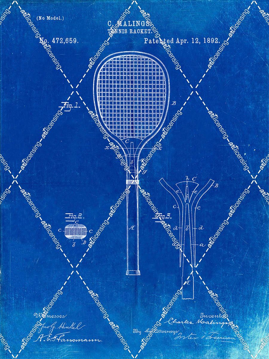 PP183- Faded Blueprint Tennis Racket 1892 Patent Poster
