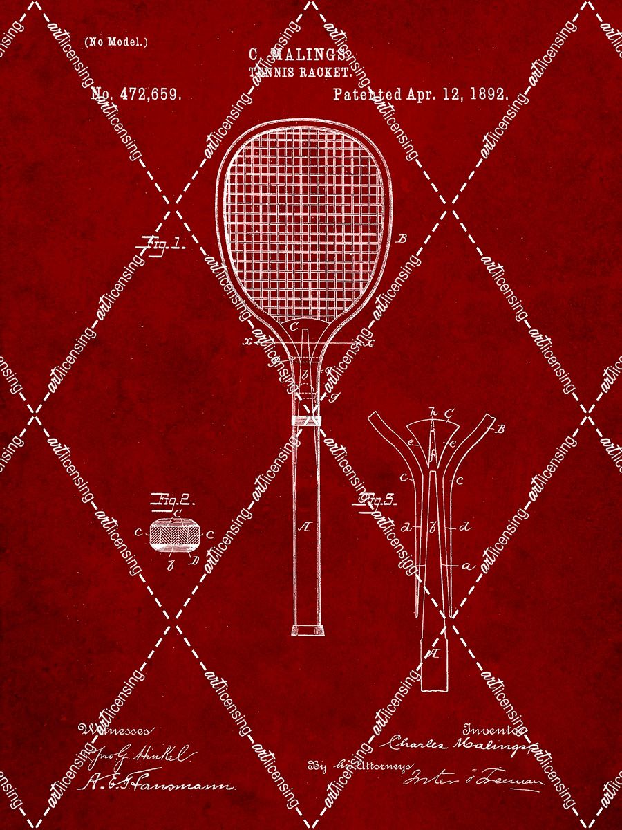 PP183- Burgundy Tennis Racket 1892 Patent Poster