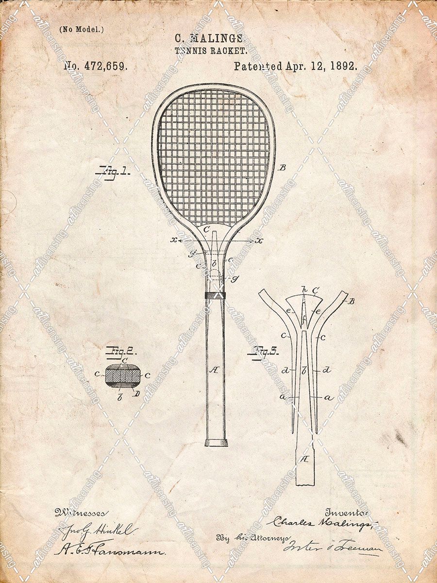 PP183- Vintage Parchment Tennis Racket 1892 Patent Poster