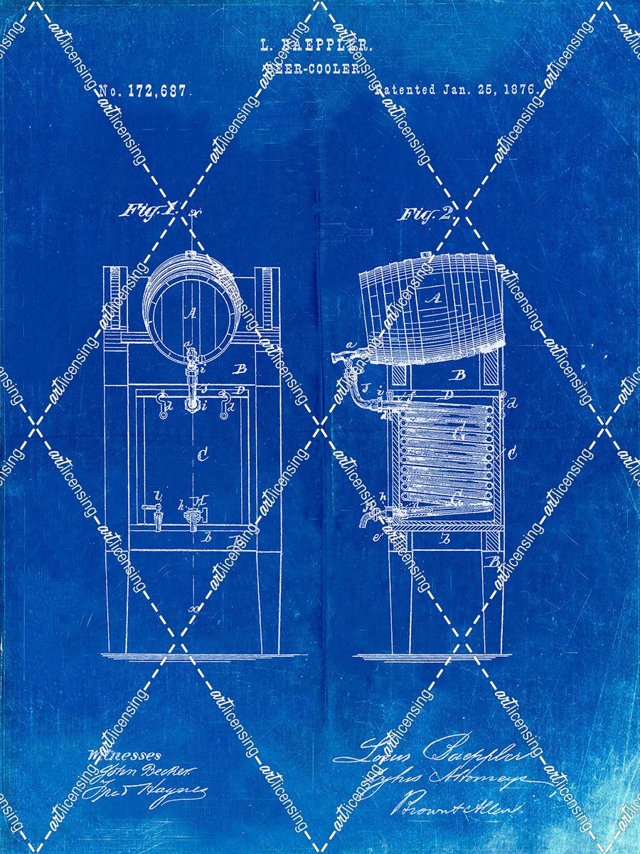 PP186- Faded Blueprint Beer Keg Cooler 1876 Patent Poster