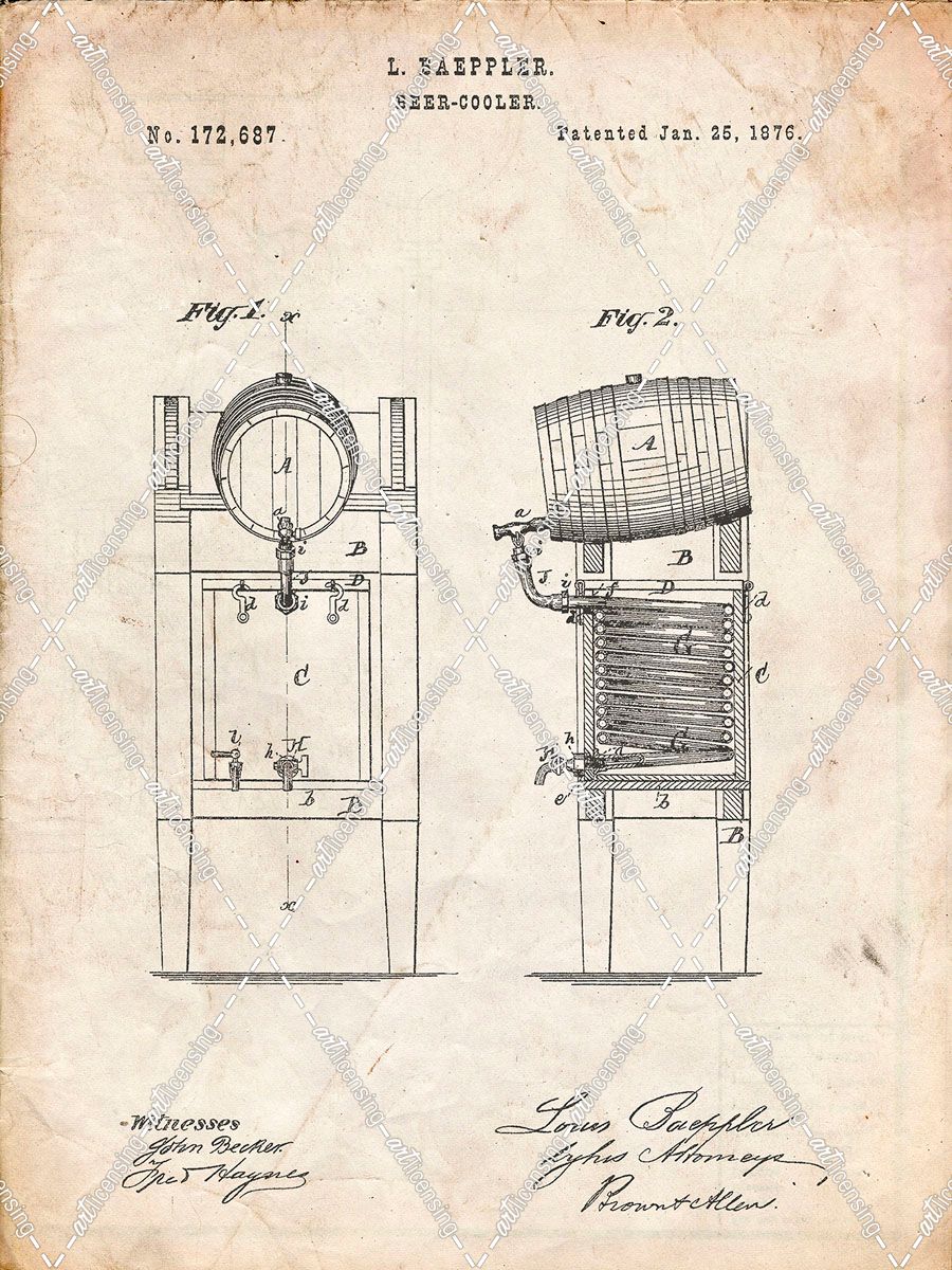 PP186- Vintage Parchment Beer Keg Cooler 1876 Patent Poster