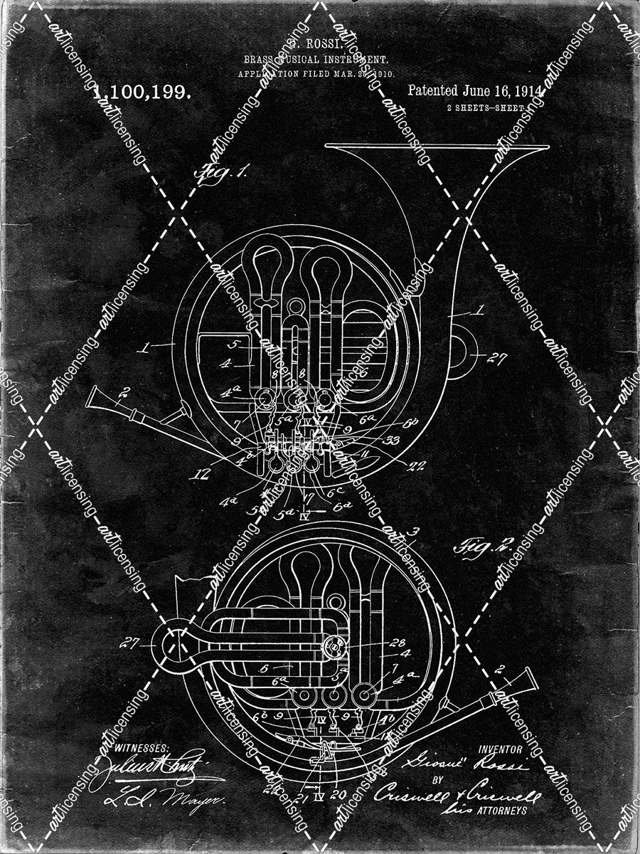 PP188- Black Grunge French Horn 1914 Patent Poster