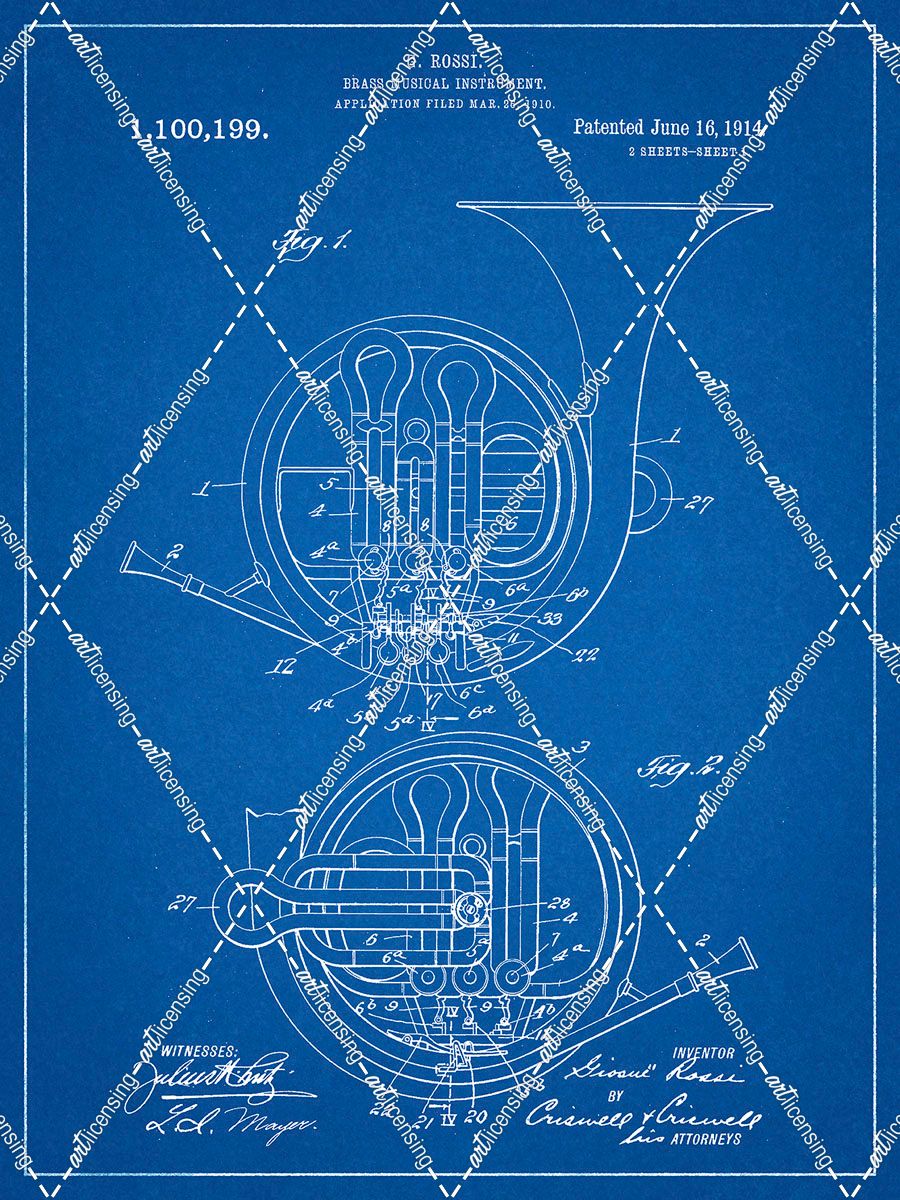 PP188- Blueprint French Horn 1914 Patent Poster
