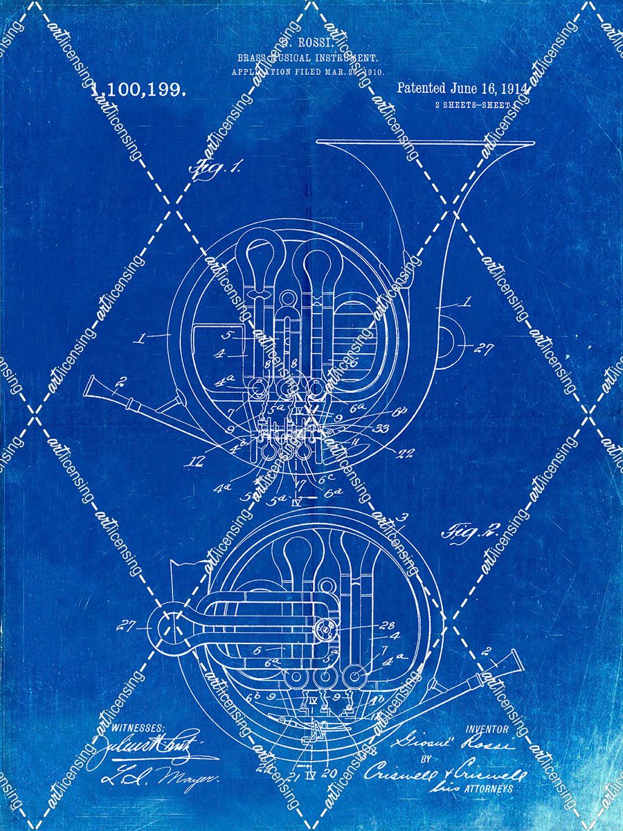 PP188- Faded Blueprint French Horn 1914 Patent Poster