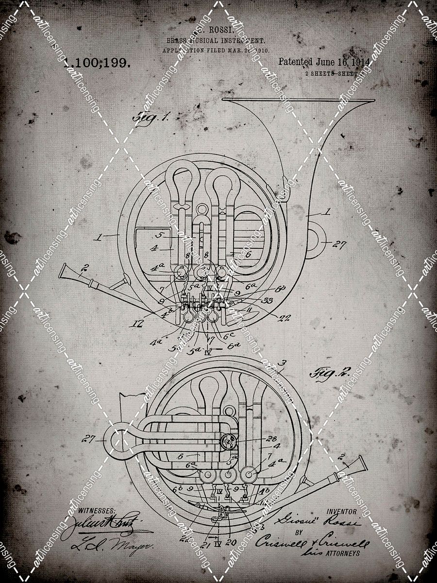 PP188- Faded Grey French Horn 1914 Patent Poster