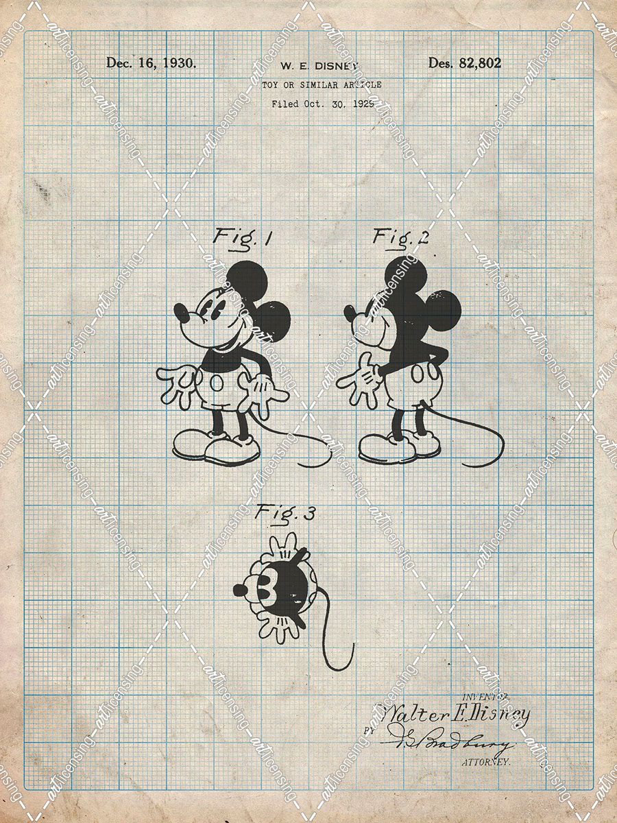 PP191- Antique Grid Parchment Mickey Mouse 1929 Patent Poster
