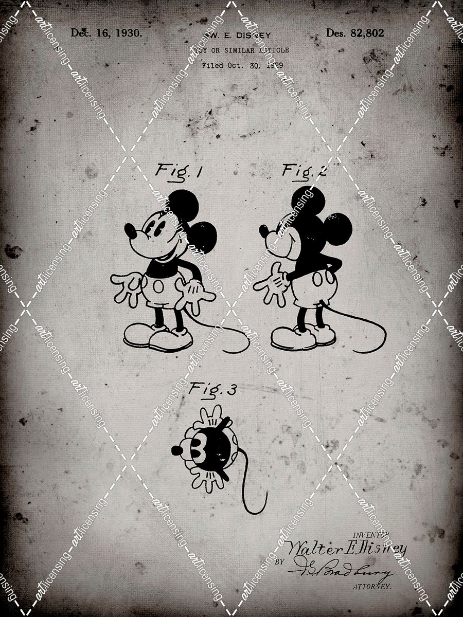 PP191- Faded Grey Mickey Mouse 1929 Patent Poster