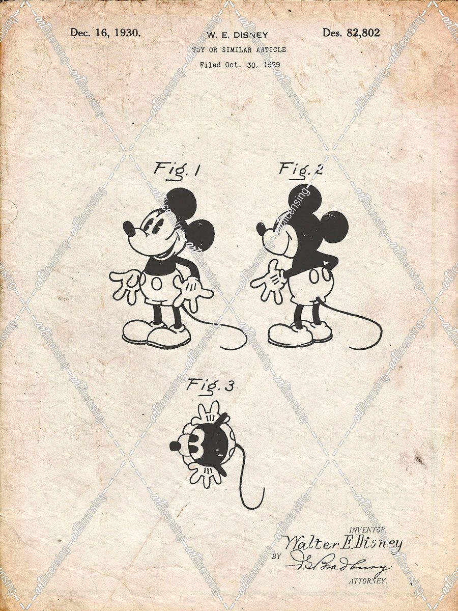 PP191- Vintage Parchment Mickey Mouse 1929 Patent Poster