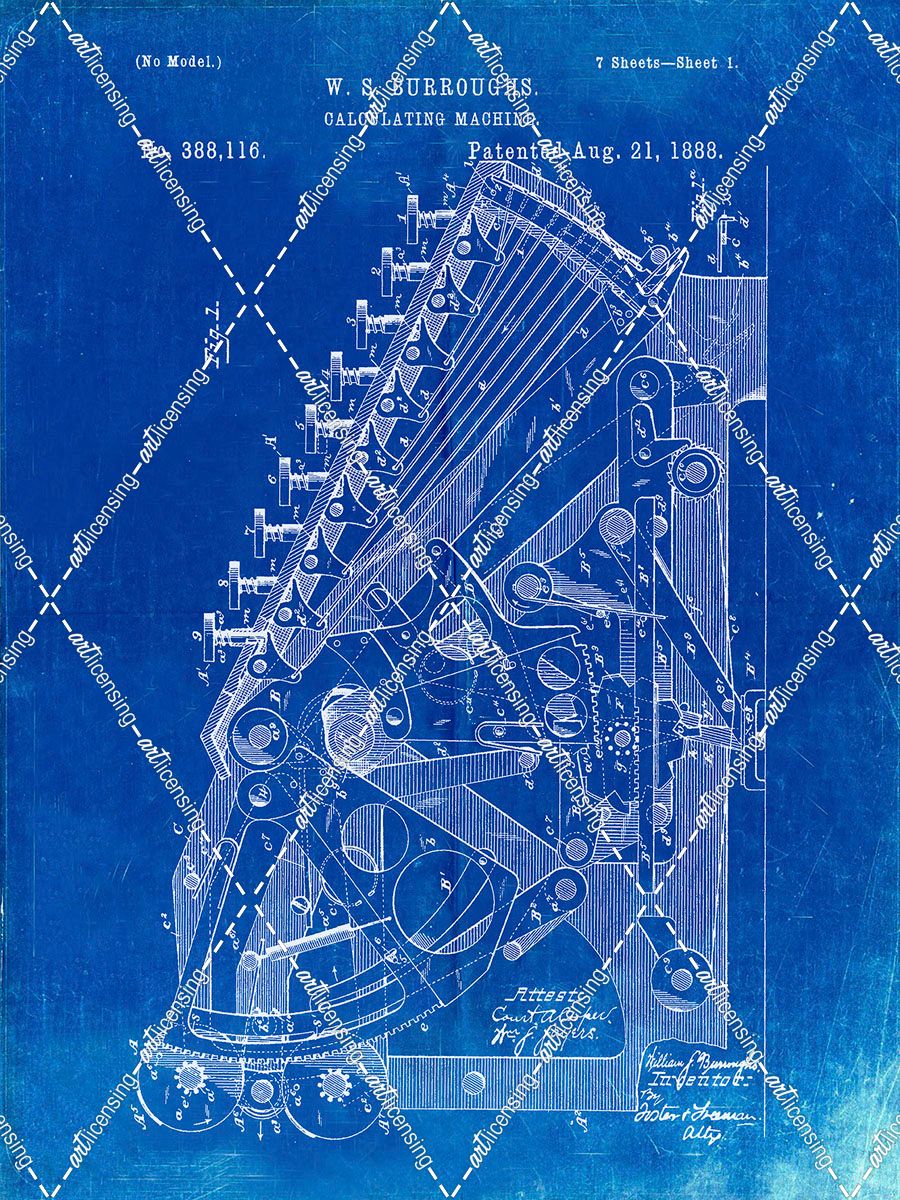 PP226-Faded Blueprint Burroughs Adding Machine Patent Poster