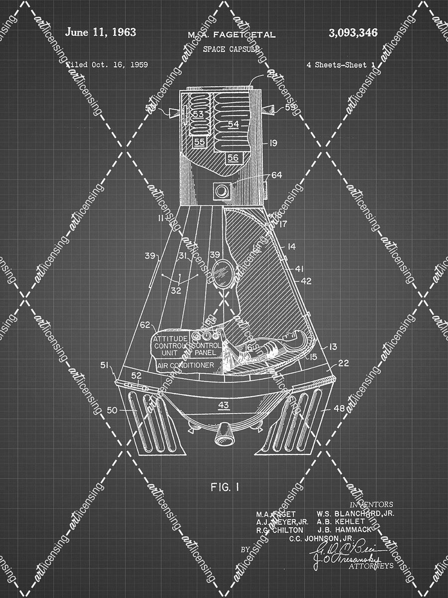PP229-Black Grid NASA Space Capsule 1959 Patent Poster