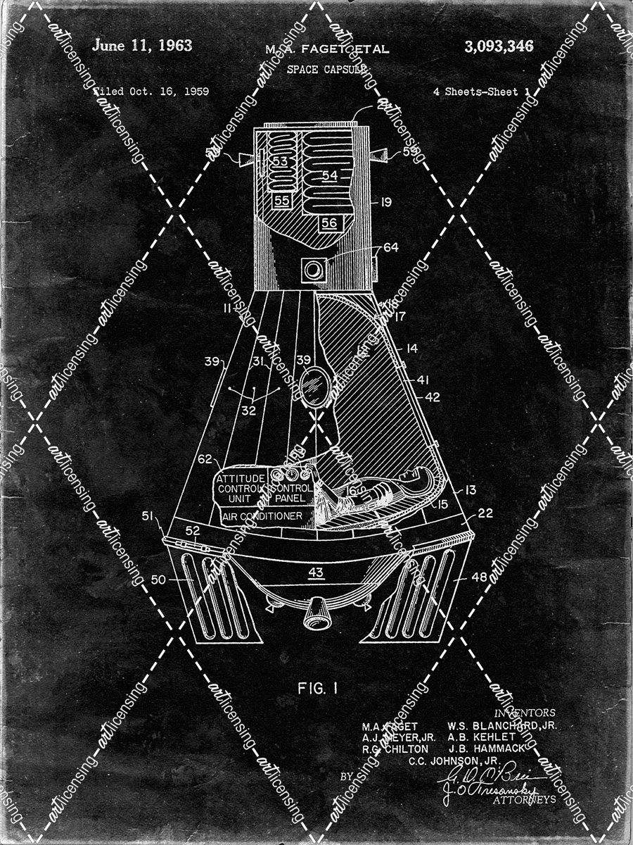 PP229-Black Grunge NASA Space Capsule 1959 Patent Poster