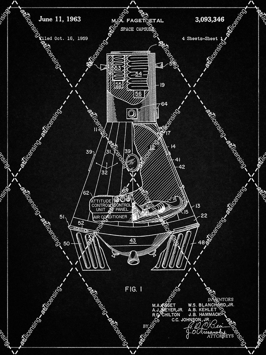 PP229-Vintage Black NASA Space Capsule 1959 Patent Poster