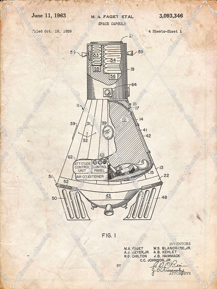 PP229-Vintage Parchment NASA Space Capsule 1959 Patent Poster