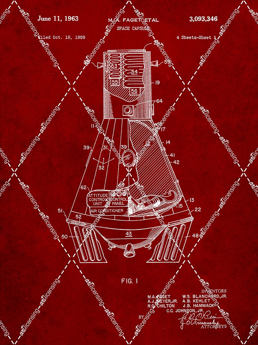 PP229-Burgundy NASA Space Capsule 1959 Patent Poster