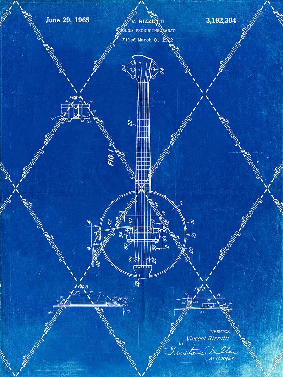 PP242-Faded Blueprint Modern Banjo Patent Poster