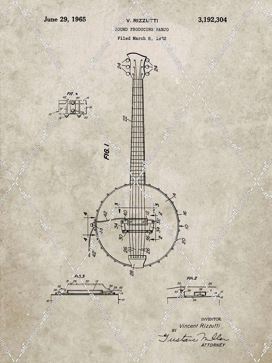 PP242-Sandstone Modern Banjo Patent Poster