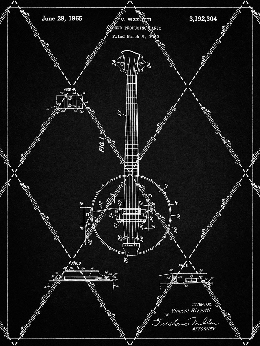 PP242-Vintage Black Modern Banjo Patent Poster