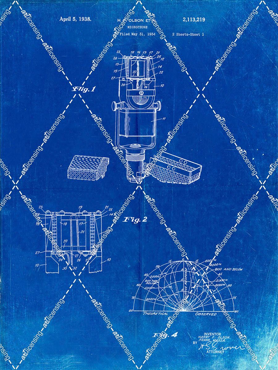 PP249-Faded Blueprint RCA Ribbon Microphone Poster