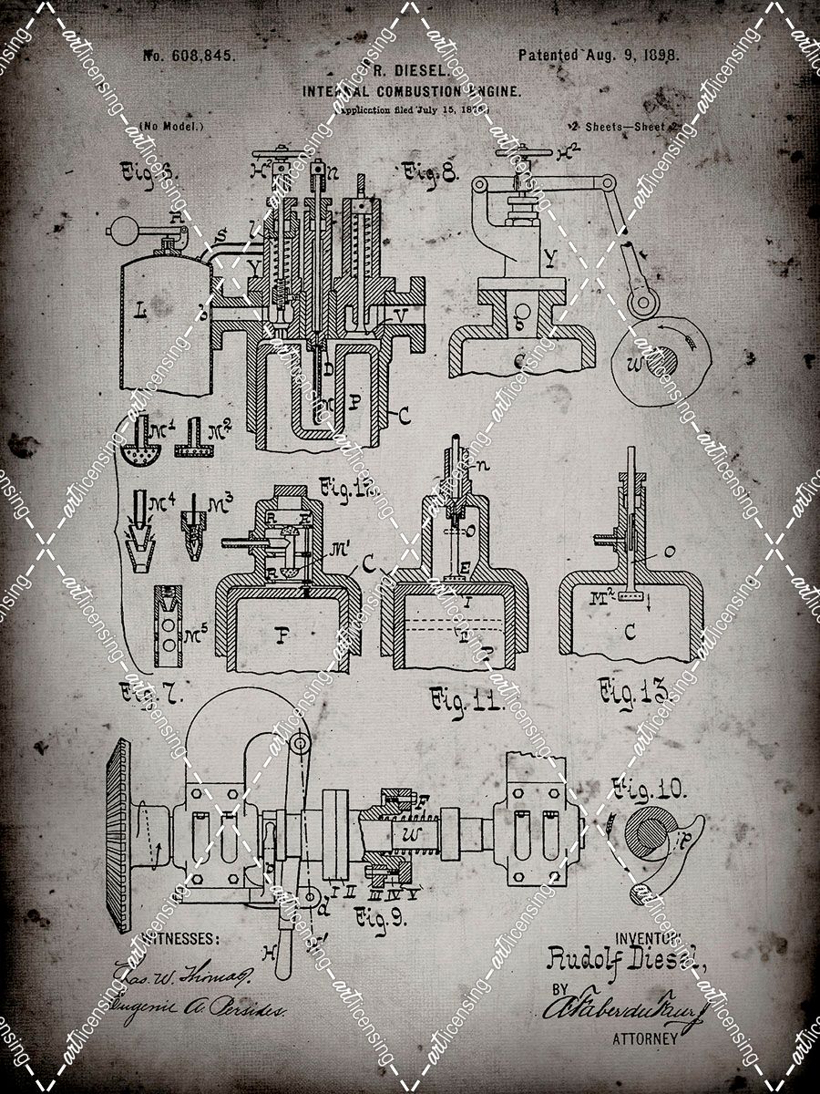 PP257-Faded Grey Diesel Engine 1898 Patent Poster