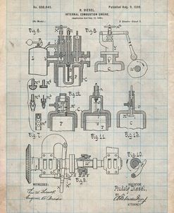 PP257-Antique Grid Parchment Diesel Engine 1898 Patent Poster