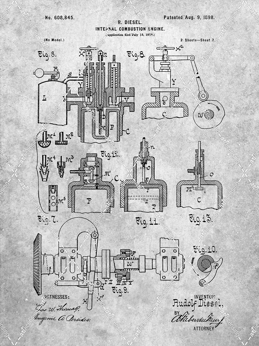 PP257-Slate Diesel Engine 1898 Patent Poster