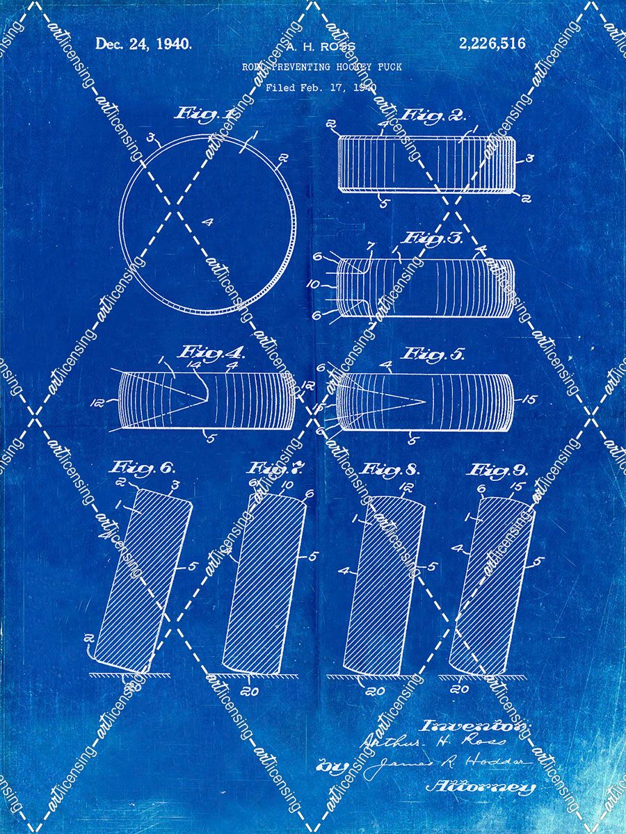 PP290-Faded Blueprint Hockey Puck Patent Poster