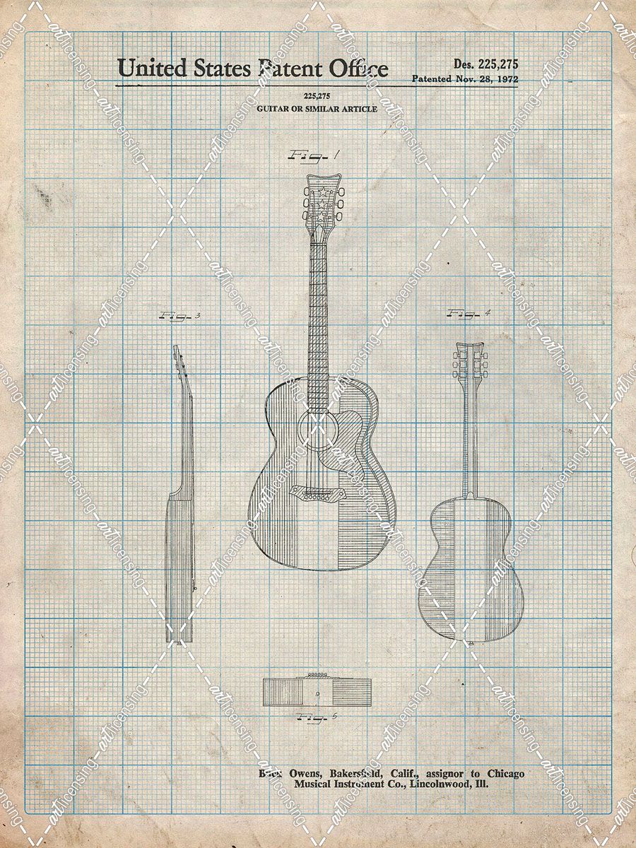 PP306-Antique Grid Parchment Buck Owens American Guitar Patent Poster