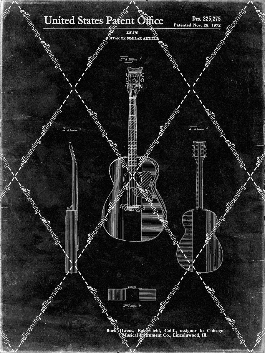 PP306-Black Grunge Buck Owens American Guitar Patent Poster