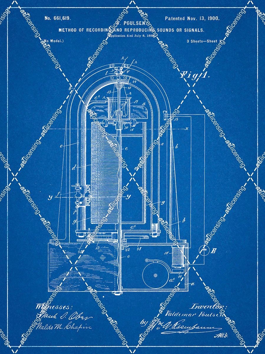 PP318-Blueprint Poulsen Magnetic Wire Recorder 1900 Patent Poster
