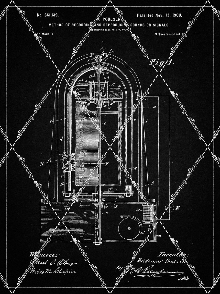 PP318-Vintage Black Poulsen Magnetic Wire Recorder 1900 Patent Poster