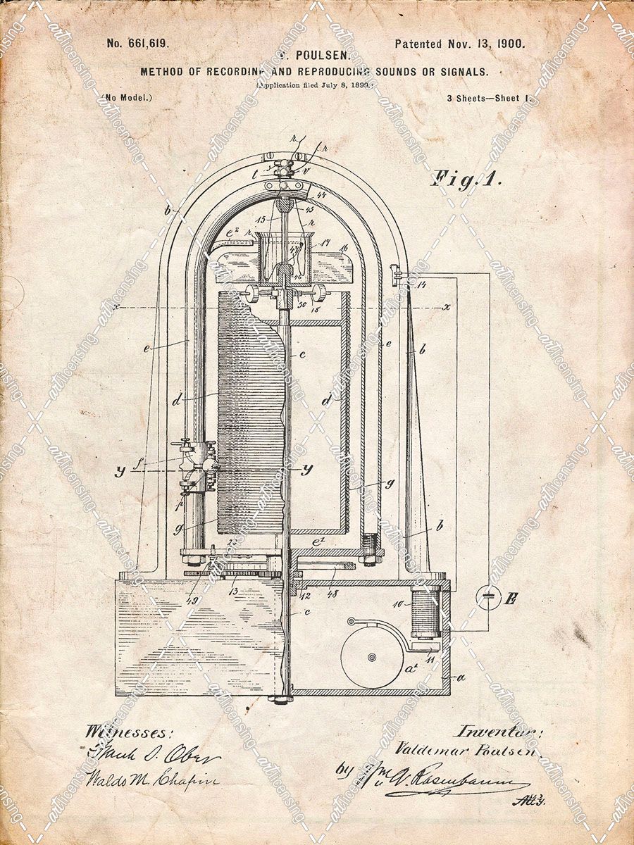 PP318-Vintage Parchment Poulsen Magnetic Wire Recorder 1900 Patent Poster