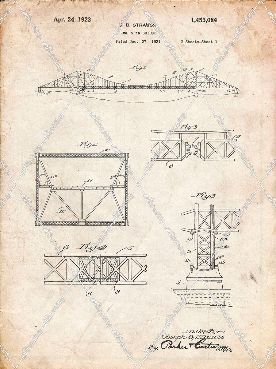 PP350-Vintage Parchment Golden Gate Bridge Patent Poster