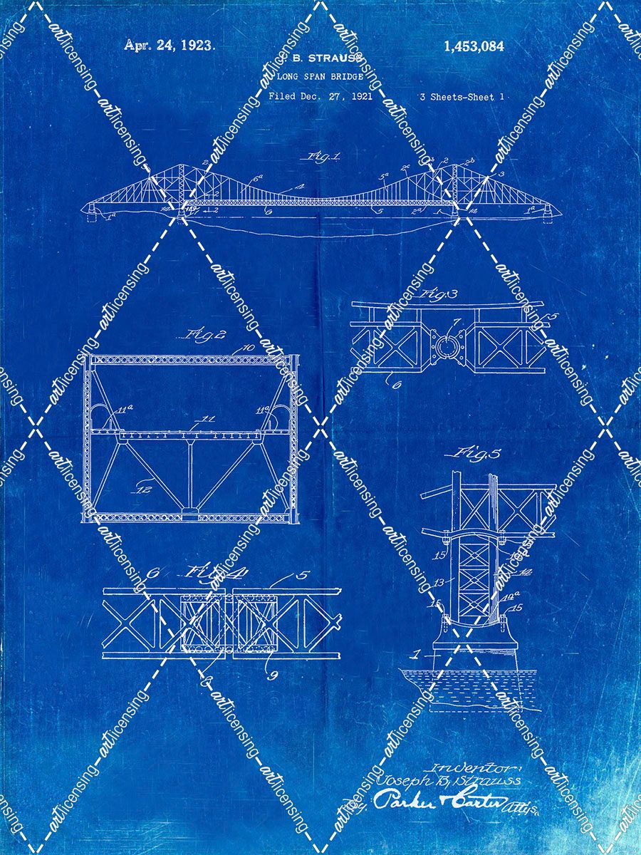 PP350-Faded Blueprint Golden Gate Bridge Patent Poster