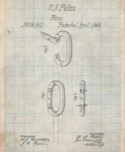 PP402-Antique Grid Parchment Carabiner Ring 1868 Patent Poster
