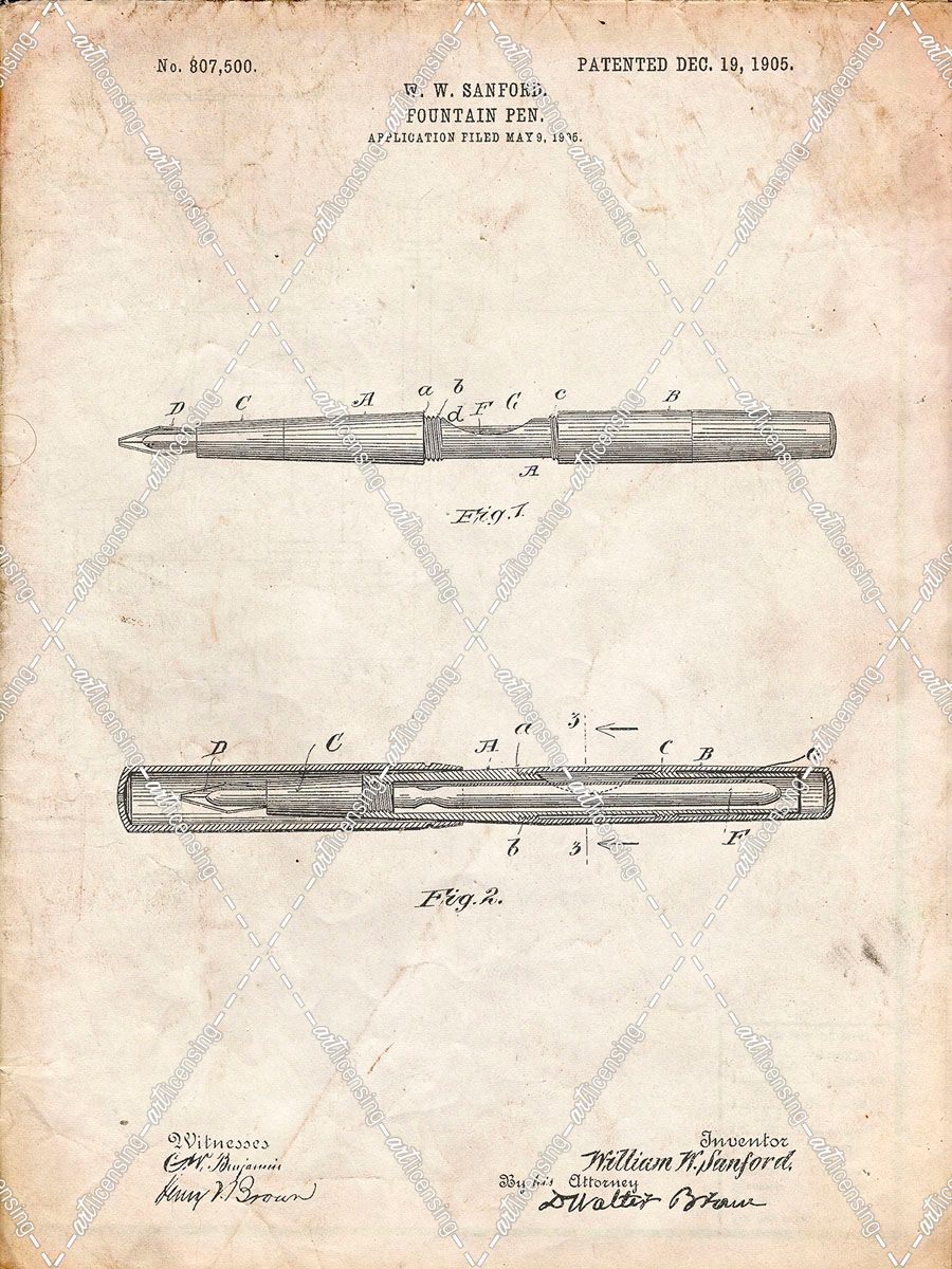 PP494-Vintage Parchment Sanford Fountain Pen 1905 Patent Poster