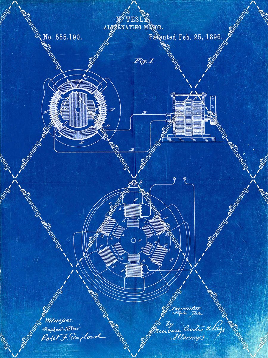 PP505-Faded Blueprint Tesla Alternating Motor Patent Poster