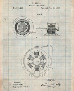 PP505-Antique Grid Parchment Tesla Alternating Motor Patent Poster