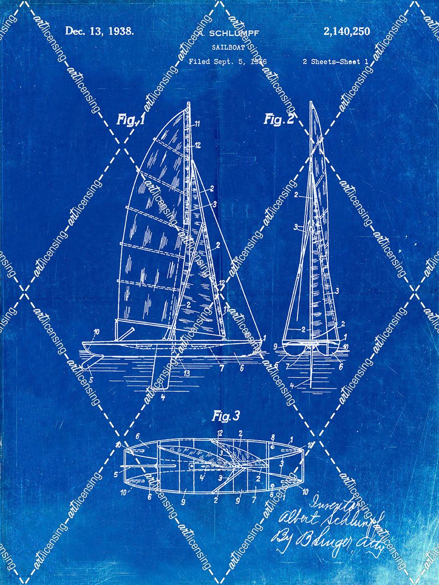 PP769-Faded Blueprint Collapsable Sailboat Poster