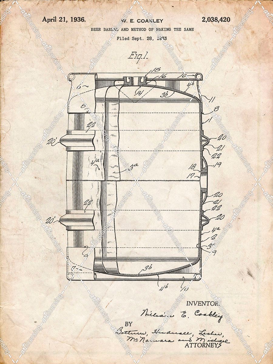 PP727-Vintage Parchment Beer Barrel Patent Poster