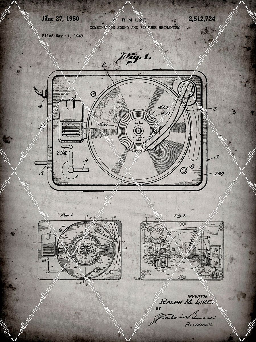 PP1009-Faded Grey Record Player Patent Poster