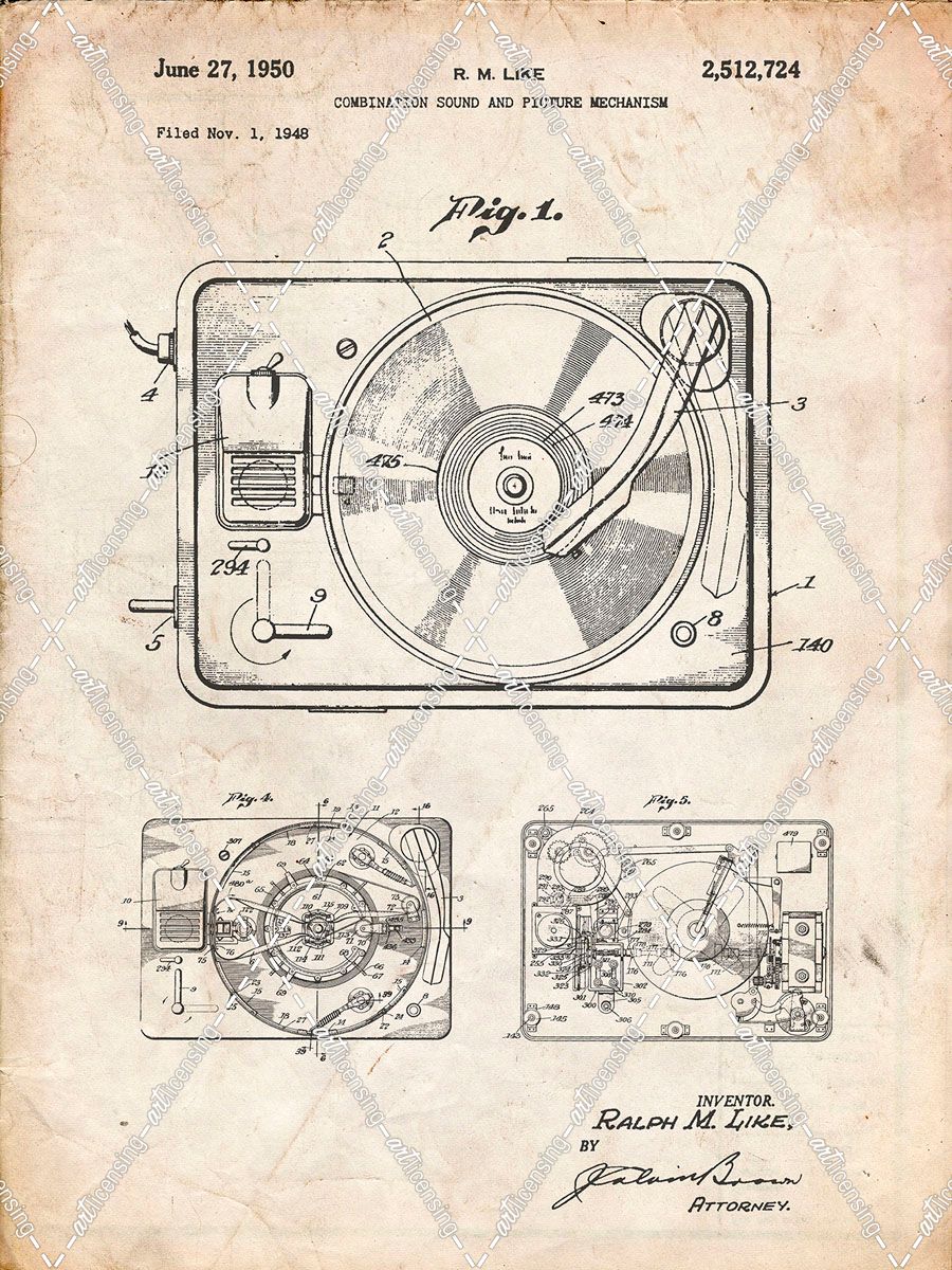 PP1009-Vintage Parchment Record Player Patent Poster