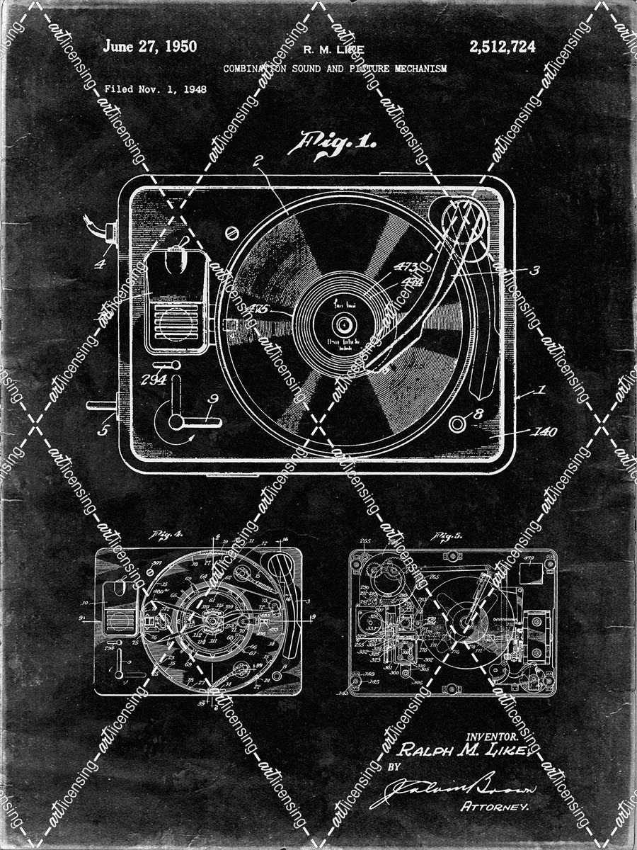 PP1009-Black Grunge Record Player Patent Poster