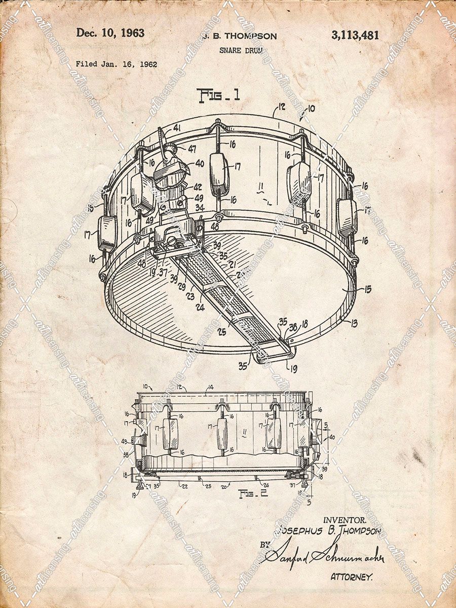 PP1018-Vintage Parchment Rogers Snare Drum Patent Poster