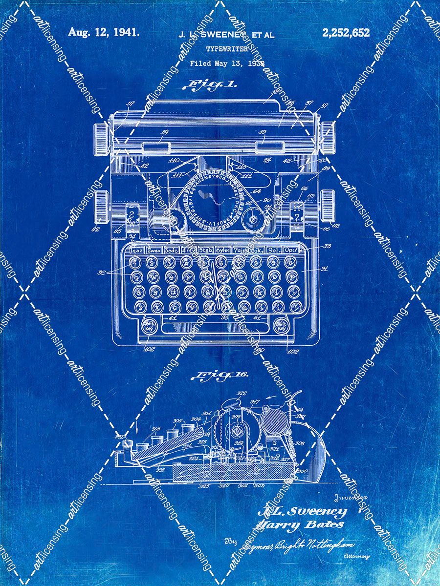 PP1029-Faded Blueprint School Typewriter Patent Poster